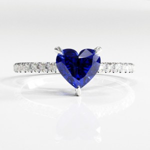 Heart Cut Lab Grown Sapphire Hidden Halo Pave Engagement Ring 