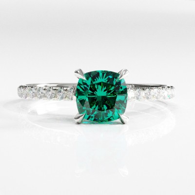 Cushion Cut Lab Grown Emerald Hidden Halo Pave Engagement Ring 