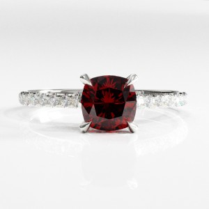 Cushion Cut Lab Grown Ruby Hidden Halo Pave Engagement Ring 