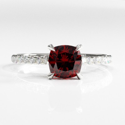 Cushion Cut Lab Grown Ruby Hidden Halo Pave Engagement Ring 