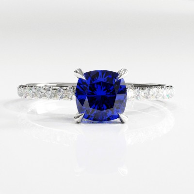 Cushion Cut Lab Grown Sapphire Hidden Halo Pave Engagement Ring 