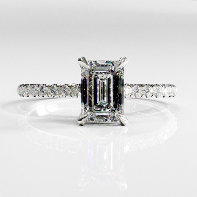 Emerald Cut Moissanite Hidden Halo Pave Engagement Ring 