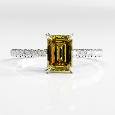 Emerald Cut Moissanite Hidden Halo Pave Engagement Ring 