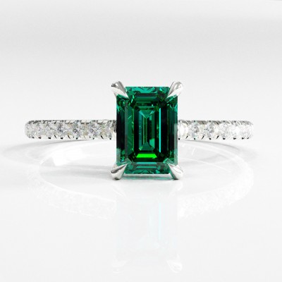 Emerald Cut Lab Grown Emerald Hidden Halo Pave Engagement Ring 