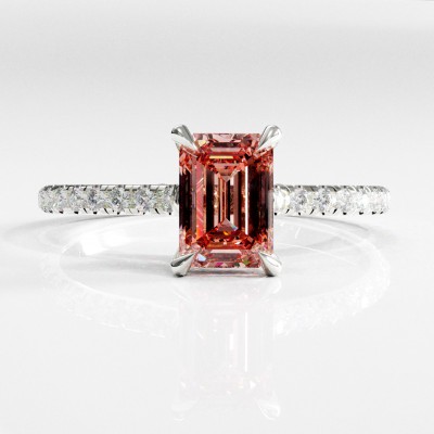 Emerald Cut Lab Grown Morganite Hidden Halo Pave Engagement Ring 