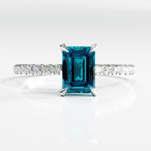 Emerald Cut Natural Topaz Hidden Halo Pave Engagement Ring 