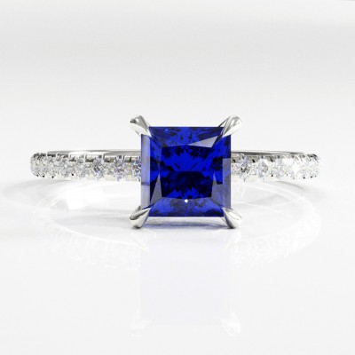 Princess Cut Lab Grown Sapphire Hidden Halo Pave Engagement Ring 