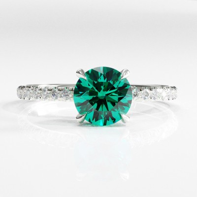 Round Cut Lab Grown Emerald Hidden Halo Pave Engagement Ring 