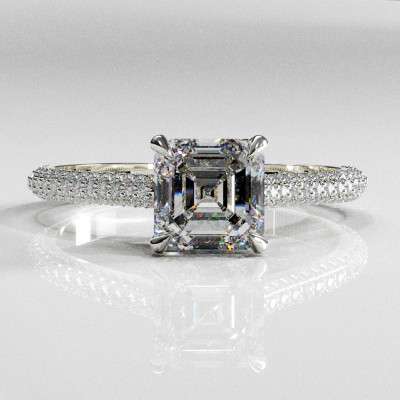 Asscher Cut Moissanite Hidden Halo Pave Engagement Ring