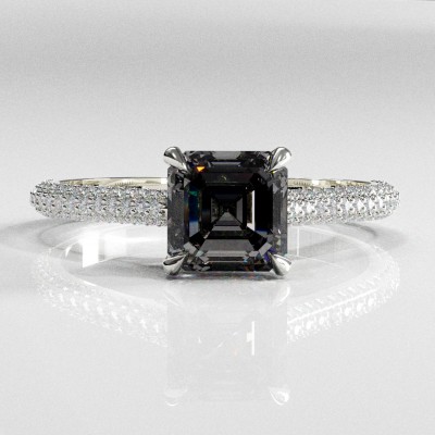 Asscher Cut Moissanite Hidden Halo Pave Engagement Ring