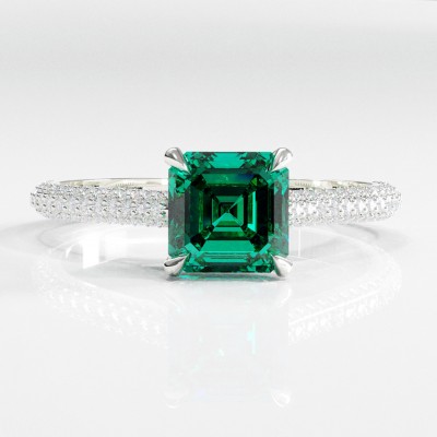 Asscher Cut Lab Grown Emerald Hidden Halo Pave Engagement Ring