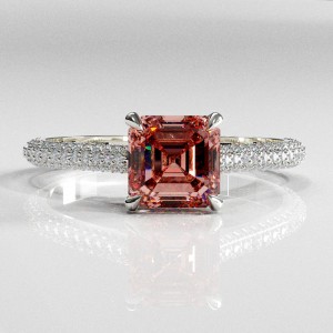 Asscher Cut Lab Grown Morganite Hidden Halo Pave Engagement Ring