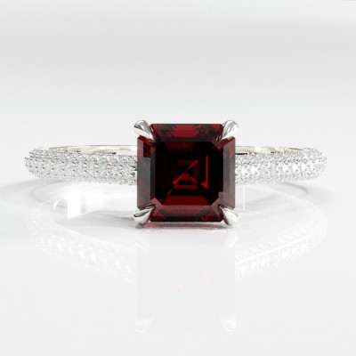 Asscher Cut Lab Grown Ruby Hidden Halo Pave Engagement Ring