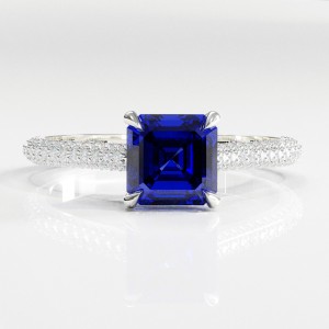 Asscher Cut Lab Grown Sapphire Hidden Halo Pave Engagement Ring