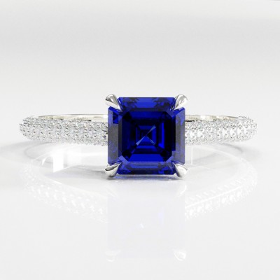 Asscher Cut Lab Grown Sapphire Hidden Halo Pave Engagement Ring