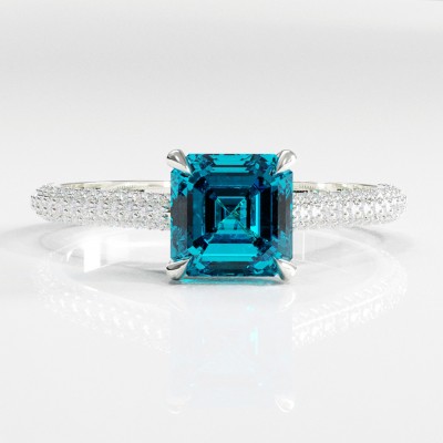 Asscher Cut Natural Topaz Hidden Halo Pave Engagement Ring