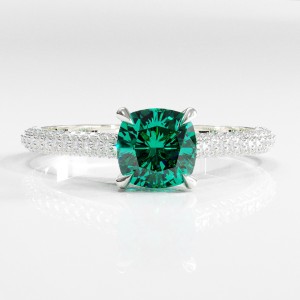 Cushion Cut Lab Grown Emerald Hidden Halo Pave Engagement Ring