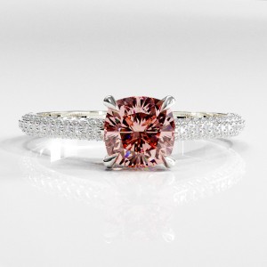 Cushion Cut Lab Grown Morganite Hidden Halo Pave Engagement Ring