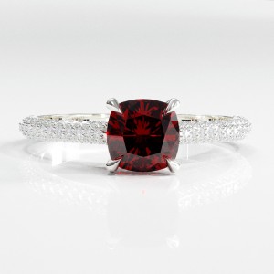 Cushion Cut Lab Grown Ruby Hidden Halo Pave Engagement Ring