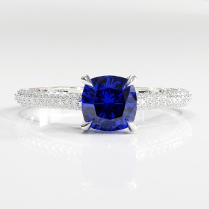 Cushion Cut Lab Grown Sapphire Hidden Halo Pave Engagement Ring