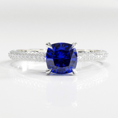 Cushion Cut Lab Grown Sapphire Hidden Halo Pave Engagement Ring