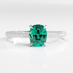 Elongated Cushion Cut Lab Grown Emerald Hidden Halo Pave Engagement Ring