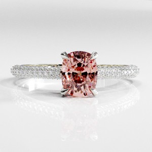 Elongated Cushion Cut Lab Grown Morganite Hidden Halo Pave Engagement Ring