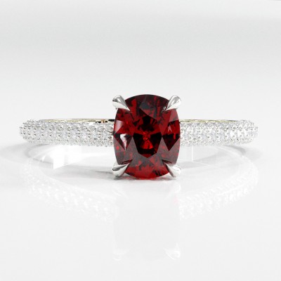 Elongated Cushion Cut Lab Grown Ruby Hidden Halo Pave Engagement Ring