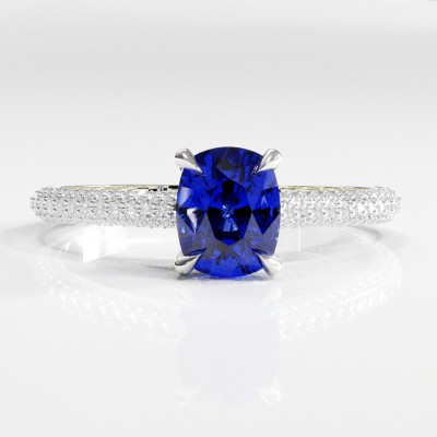 Elongated Cushion Cut Lab Grown Sapphire Hidden Halo Pave  Engagement Ring