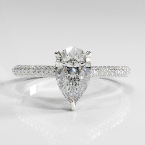 Pear Cut Moissanite Hidden Halo Pave Engagement Ring