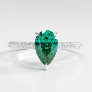 Pear Cut Lab Grown Emerald Hidden Halo Pave Engagement Ring