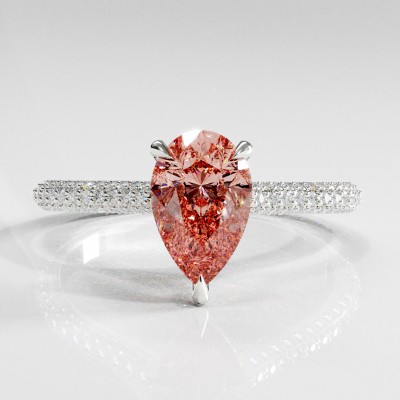 Pear Cut Lab Grown Morganite Hidden Halo Pave Engagement Ring