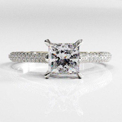 Princess Cut Moissanite Hidden Halo Pave Engagement Ring