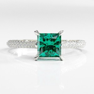 Princess Cut Lab Grown Emerald Hidden Halo Pave Engagement Ring