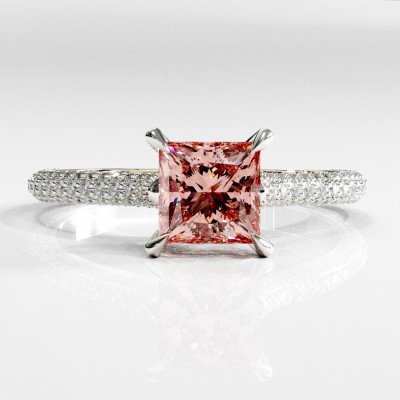 Princess Cut Lab Grown Morganite Hidden Halo Pave Engagement Ring