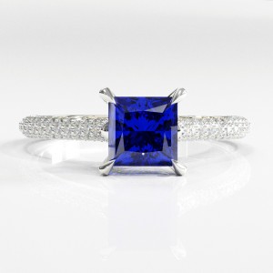 Princess Cut Lab Grown Sapphire Hidden Halo Pave Engagement Ring