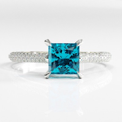 Princess Cut Natural Topaz Hidden Halo Pave Engagement Ring