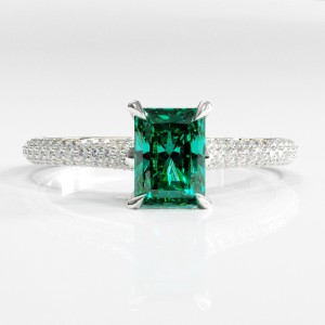 Radiant Cut Lab Grown Emerald Hidden Halo Pave Engagement Ring