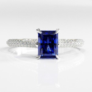 Radiant Cut Lab Grown Sapphire Hidden Halo Pave Engagement Ring