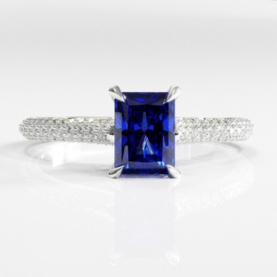 Radiant Cut Lab Grown Sapphire Hidden Halo Pave Engagement Ring