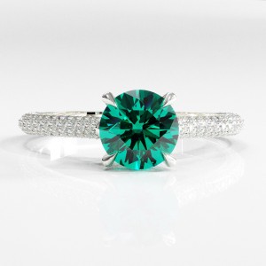 Round Cut Lab Grown Emerald Hidden Halo Pave Engagement Ring