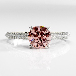 Round Cut Lab Grown Morganite Hidden Halo Pave Engagement Ring