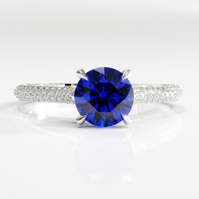 Round Cut Lab Grown Sapphire Hidden Halo Pave Engagement Ring