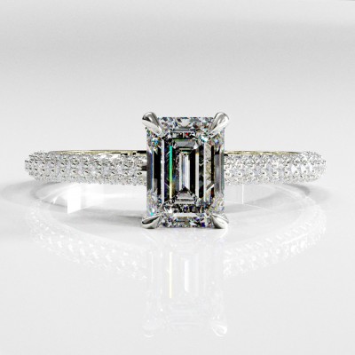 Emerald Cut Moissanite Hidden Halo Pave Engagement Ring