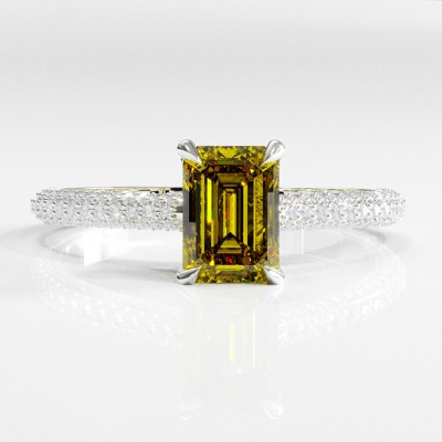 Emerald Cut Moissanite Hidden Halo Pave Engagement Ring