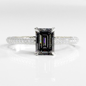 Emerald Cut Moissanite Hidden Halo Pave Engagement Ring