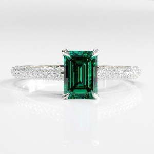 Emerald Cut Lab Grown Emerald Hidden Halo Pave Engagement Ring