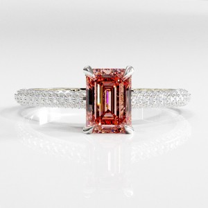 Emerald Cut Lab Grown Morganite Hidden Halo Pave Engagement Ring