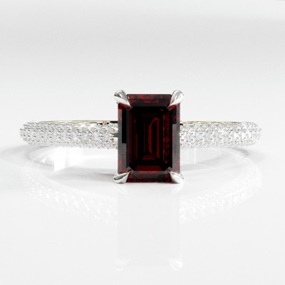 Emerald Cut Lab Grown Ruby Hidden Halo Pave Engagement Ring