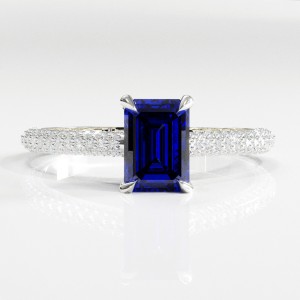 Emerald Cut Lab Grown Sapphire Hidden Halo Pave Engagement Ring